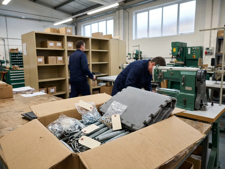 Small box of spare springs, hardware and a padding piece with part-number labels