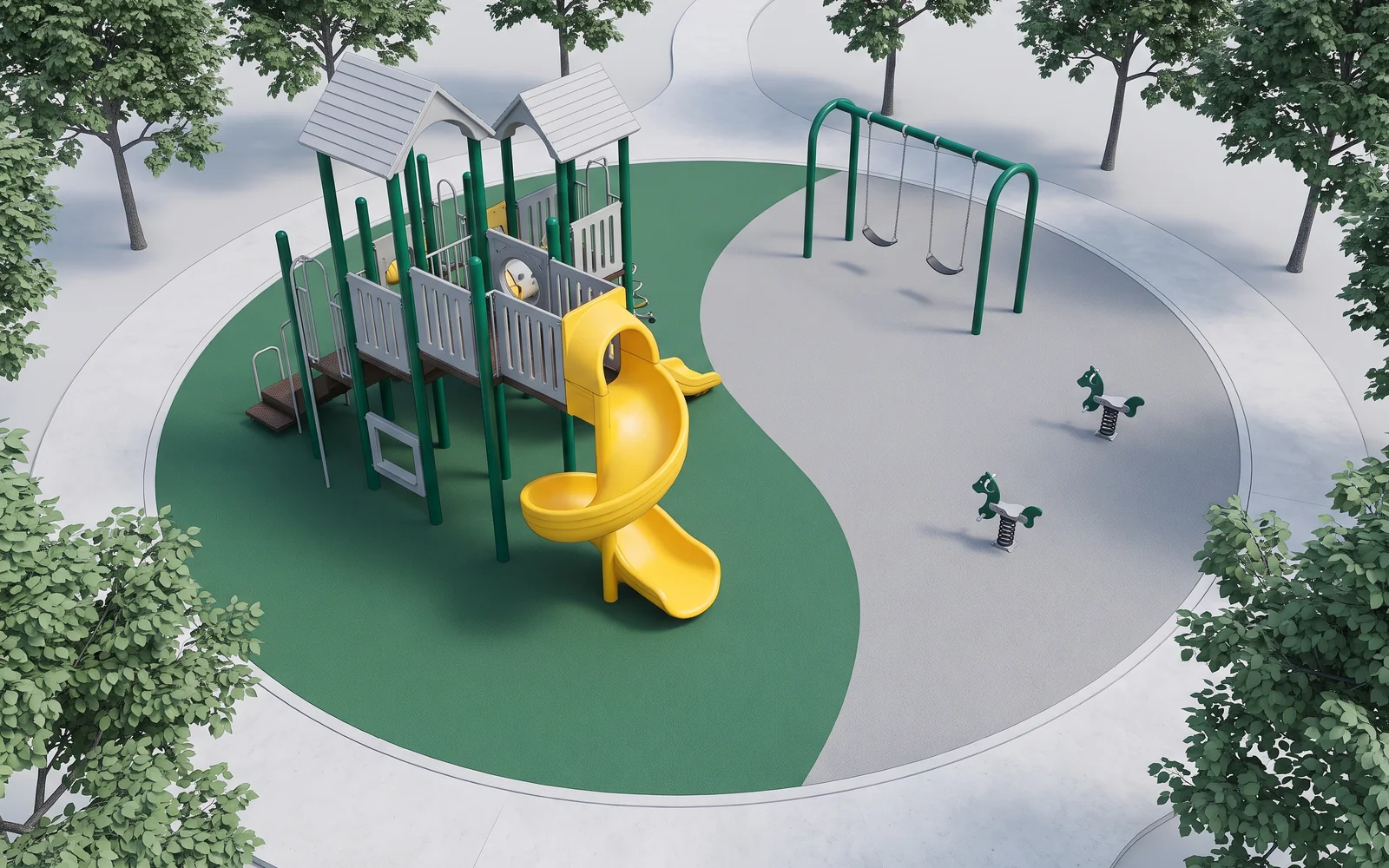 3D render of a park playground layout with a multi-deck structure, a spiral slide, swings and two age zones