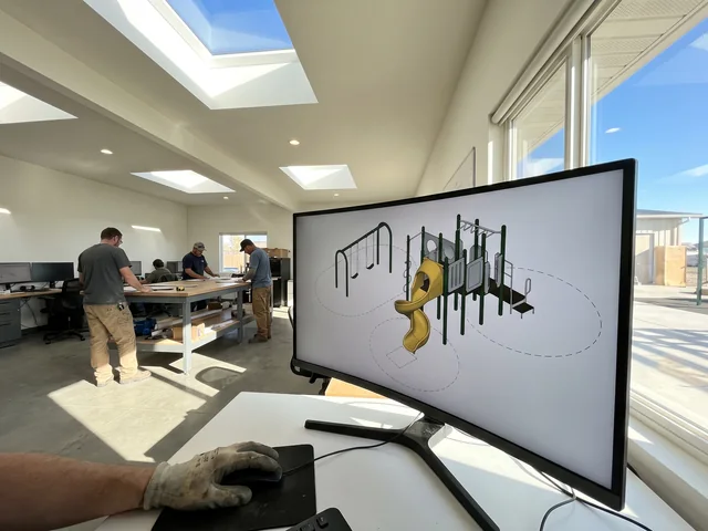 A layout on a design office screen with dashed use zones around a slide exit and swings
