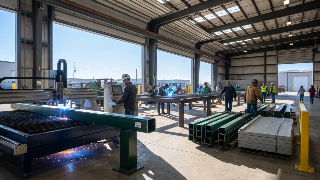 A CNC tube cutter cutting the first evergreen steel posts of a new order