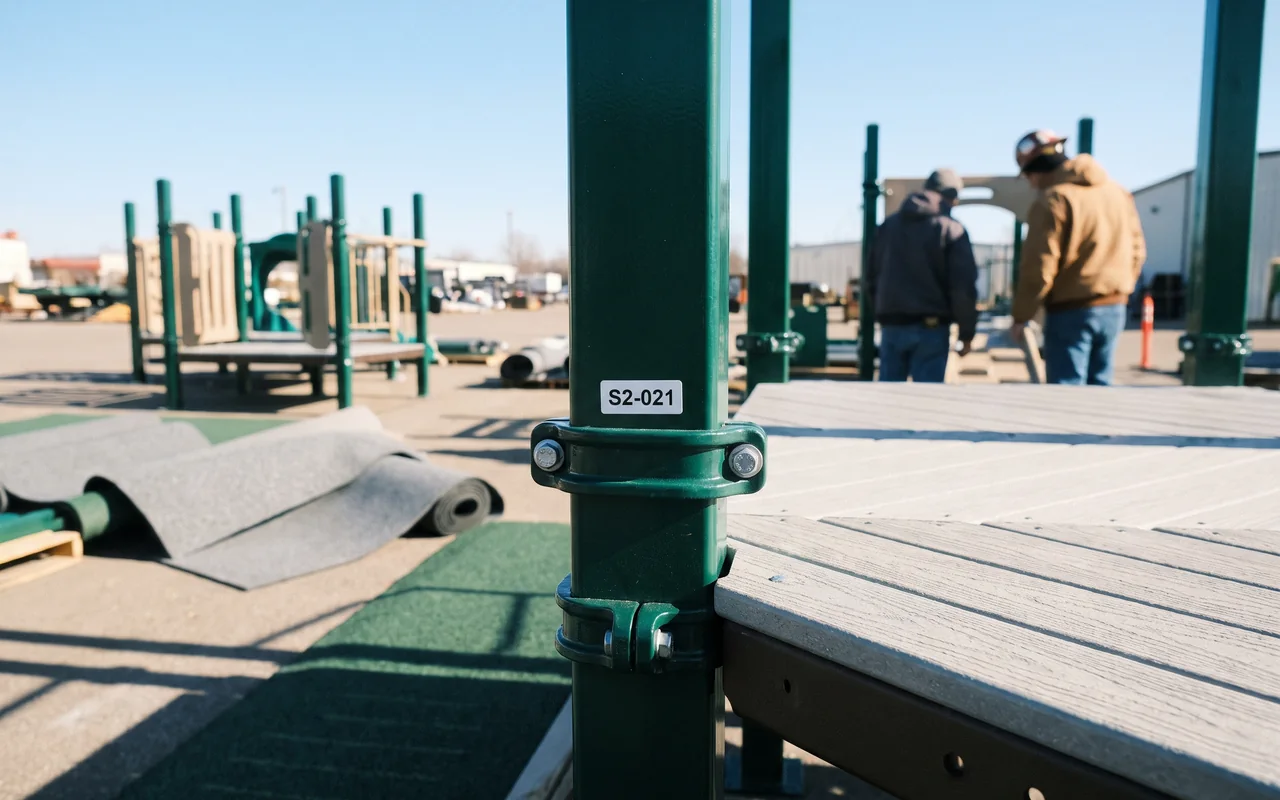 A video frame of a pre-assembled structure: a bolted post connection with its part number label