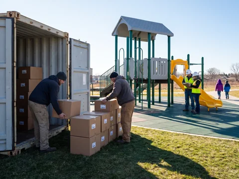 Installers unloading numbered cartons in build order