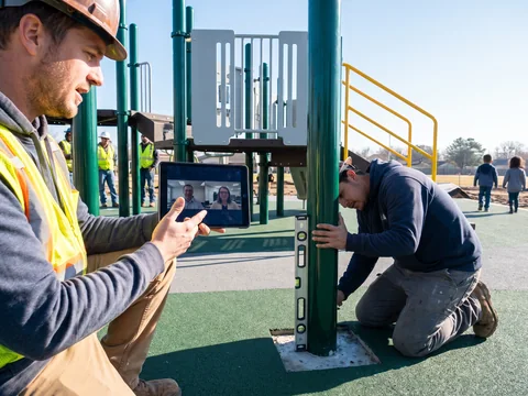 An installer on a live video call while a colleague sets a post