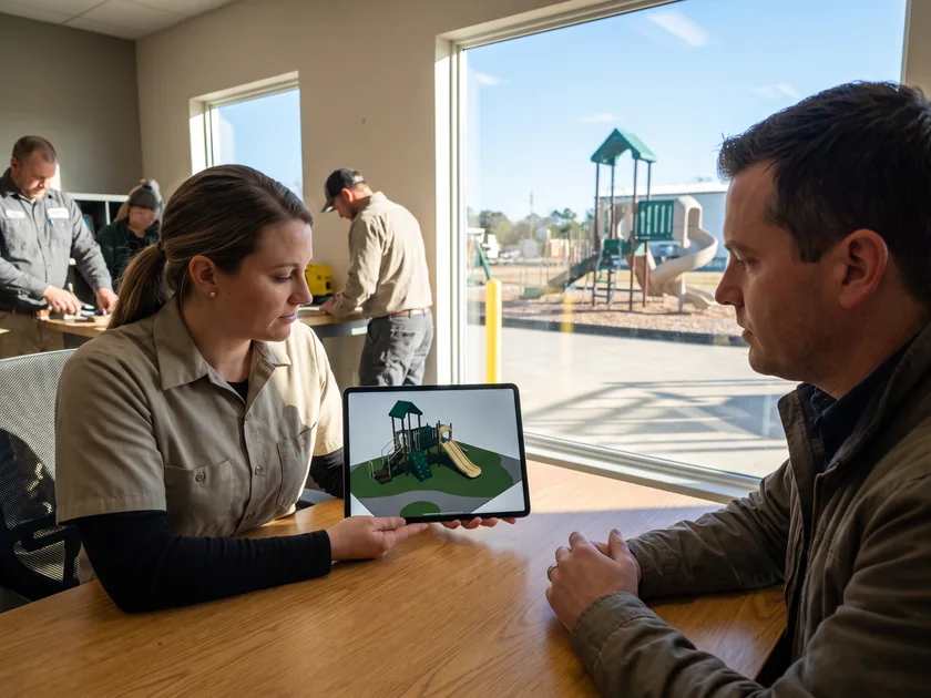 A playground dealer showing a 3D render to a client on a tablet