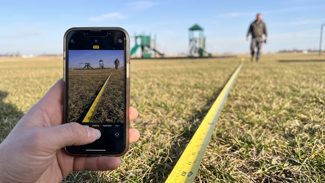 A tape measure across an empty grass site while a phone takes a site photo