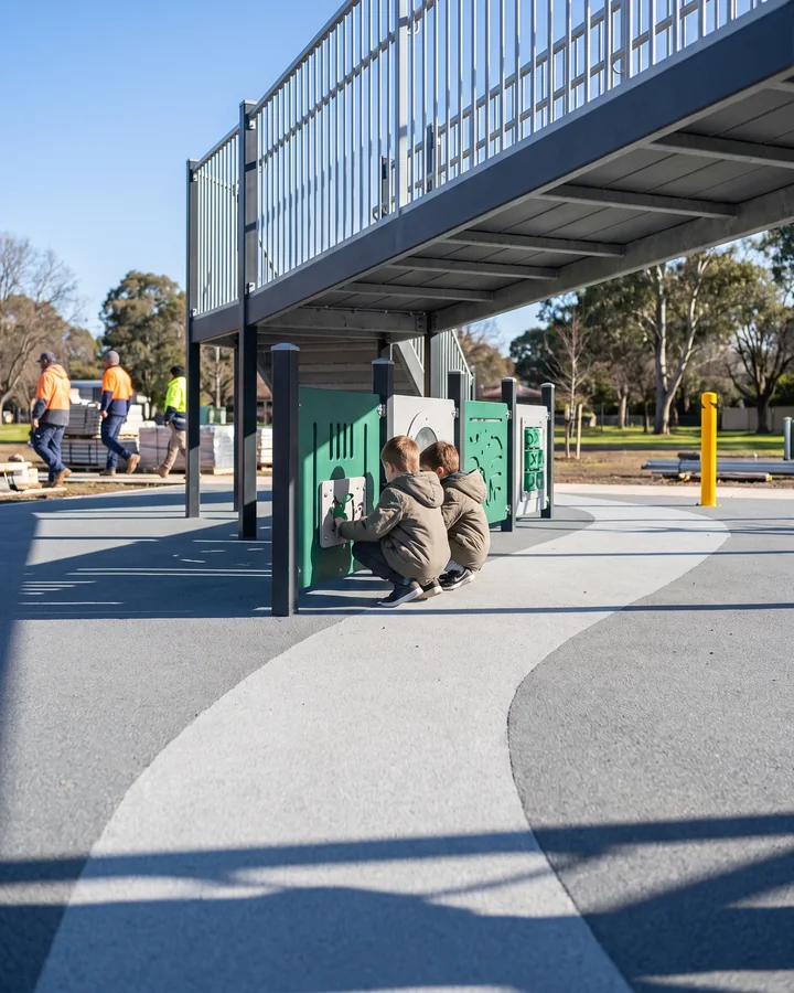 Two children playing side by side at ground-level HDPE play panels under a deck