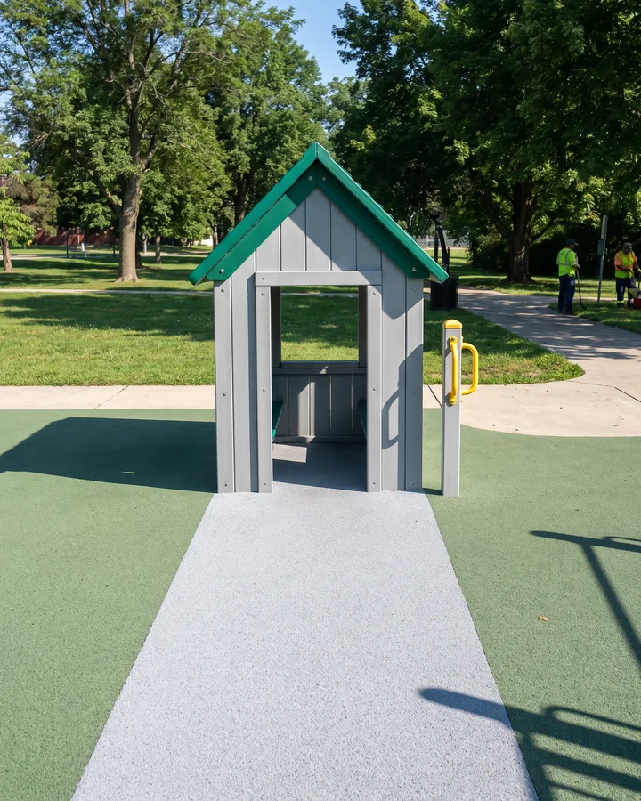 A roofed HDPE playhouse at the edge of a play zone with the route leading to its door