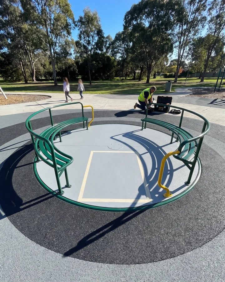 A ground-level inclusive spinner set flush with the surfacing, with a wheelchair space on its solid deck