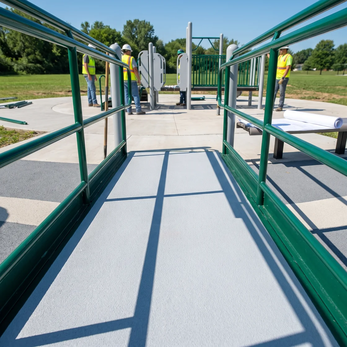 Close-up of a solid anti-slip ramp deck with a contrasting side edge and handrail