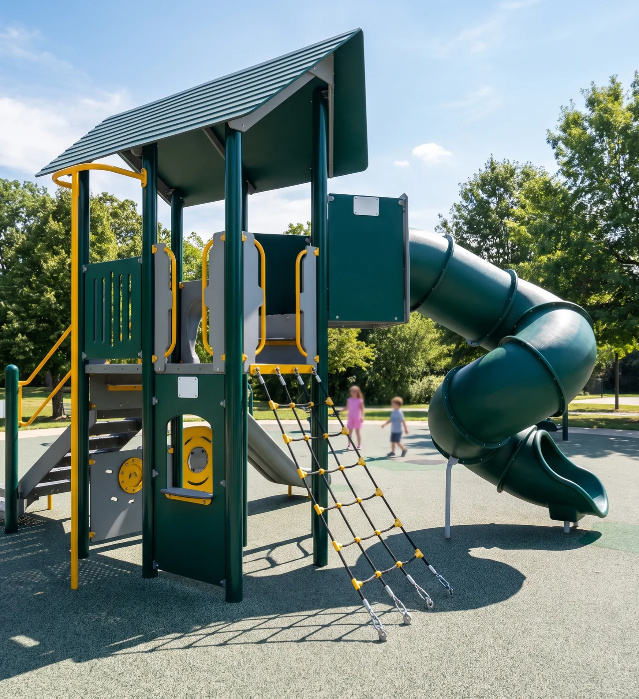 A tube slide leaving the tower of a commercial outdoor play structure beside a rope climber