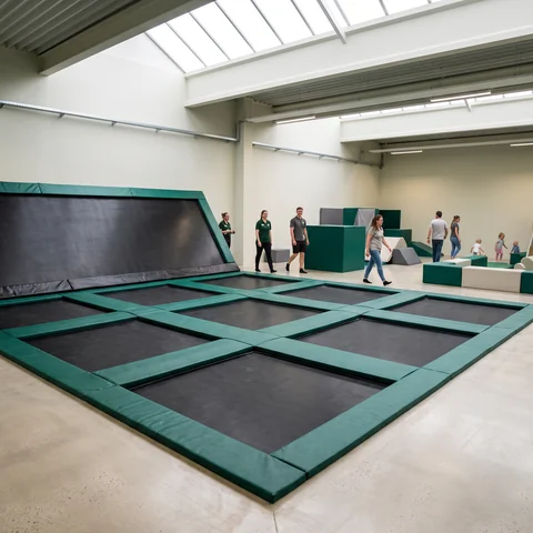 Indoor trampoline court with black jump beds and evergreen pads