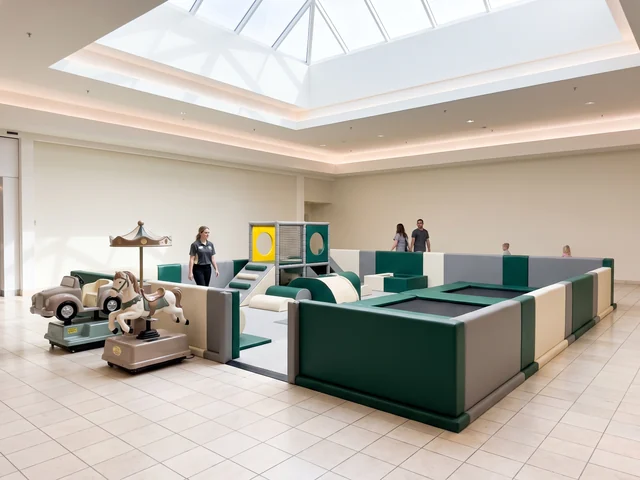 Soft play zone in a mall atrium with kiddie rides near the entrance