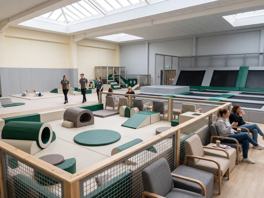 Toddler zone with low padded pieces next to parent seating