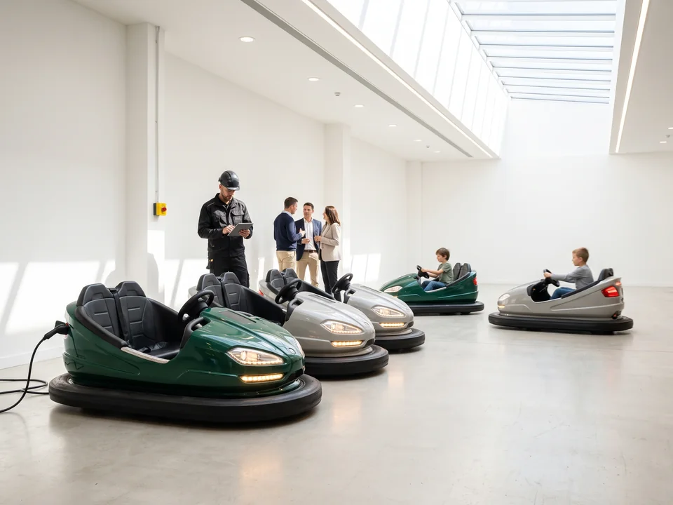 Battery bumper cars parked at their charging points in a mall play area