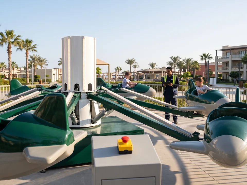 Small rotating kiddie ride with aircraft seats around a centre column