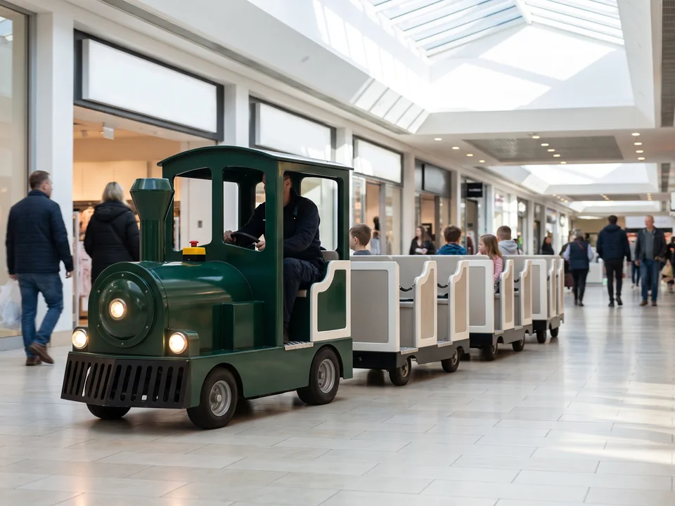 Trackless kiddie train on a shopping mall concourse