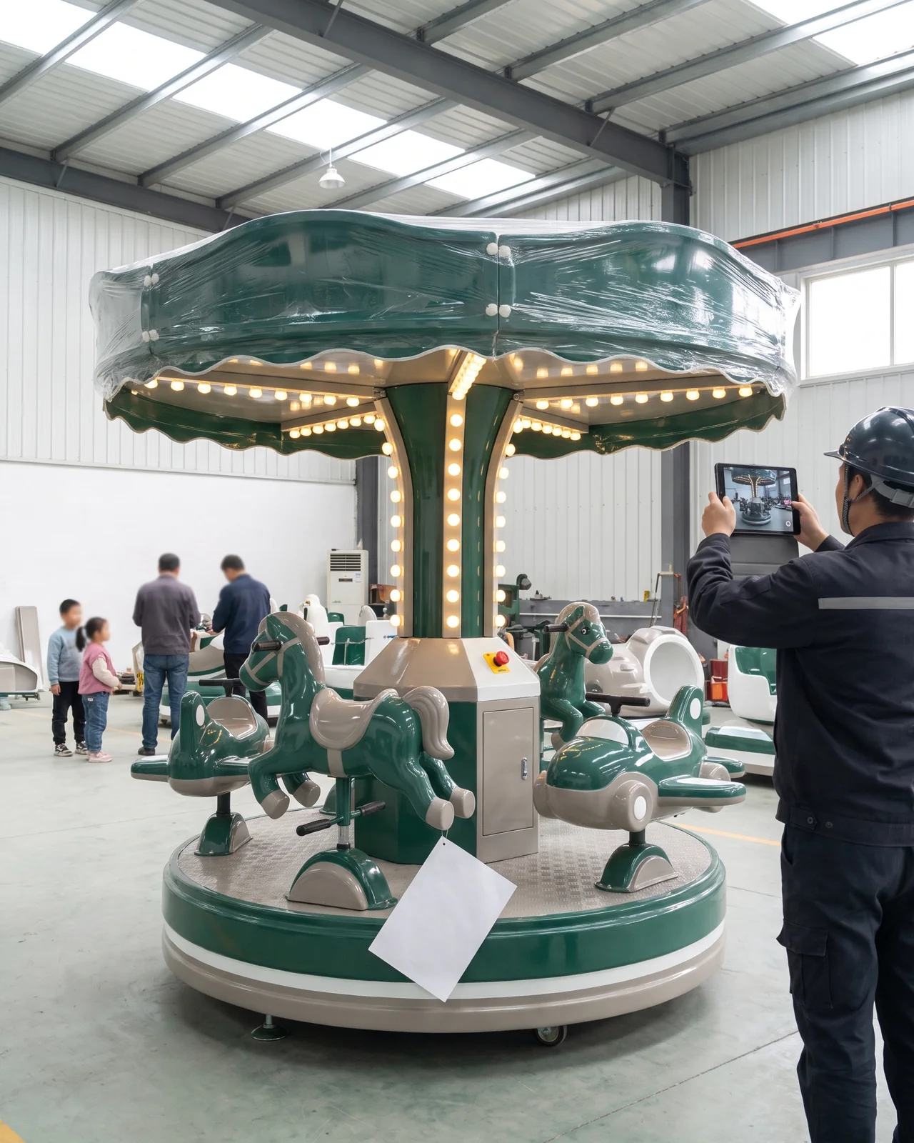 Newly assembled carousel with protective film on the canopy and an E-number tag on its base