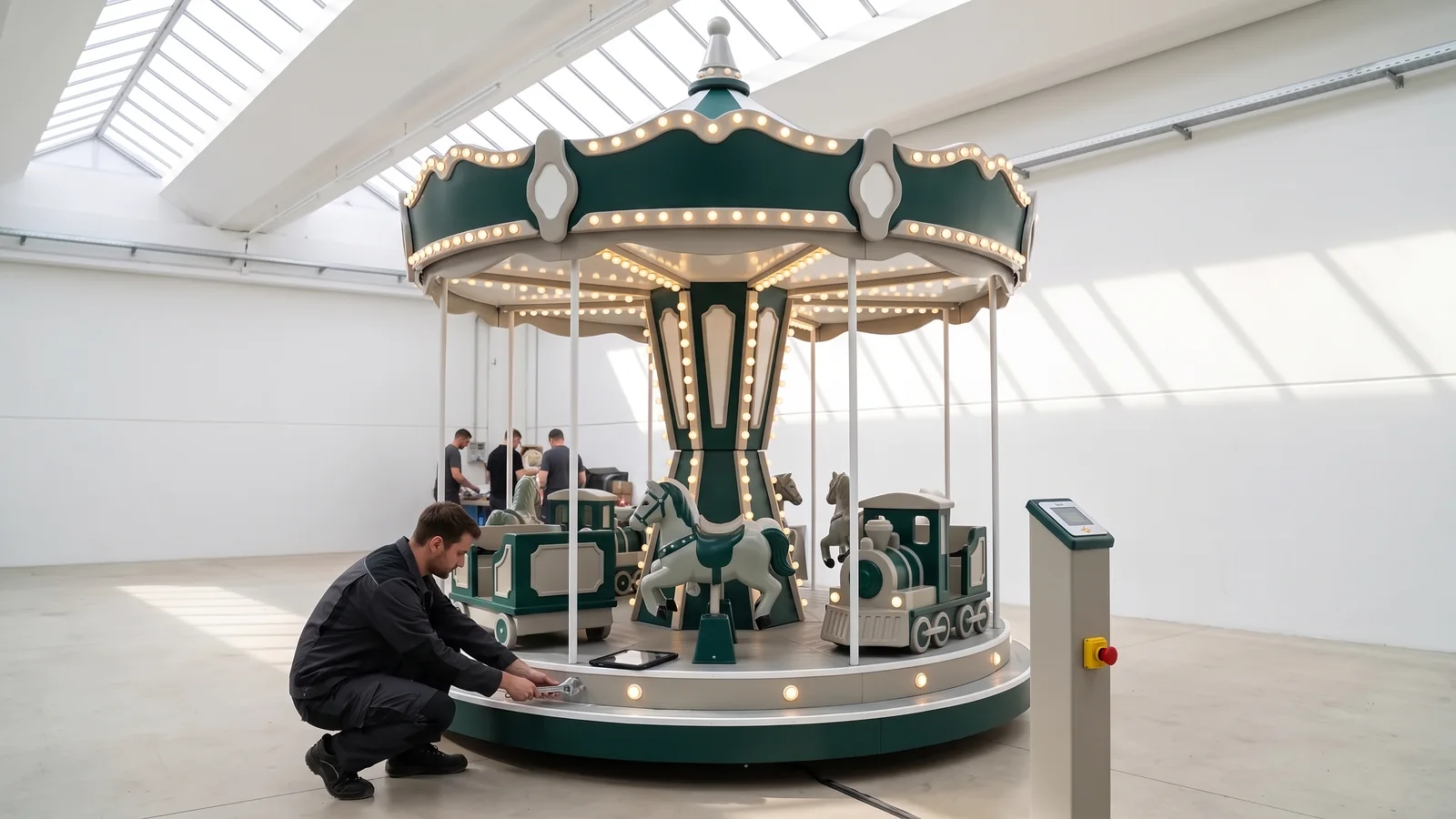 QC inspector checking fasteners on the carousel platform with a wrench