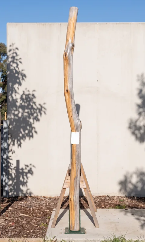 Timber piece L1-005, a Robinia climbing pole, photographed with its part tag before loading