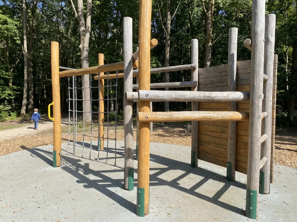 A Robinia climbing frame of hand-shaped poles bolted together