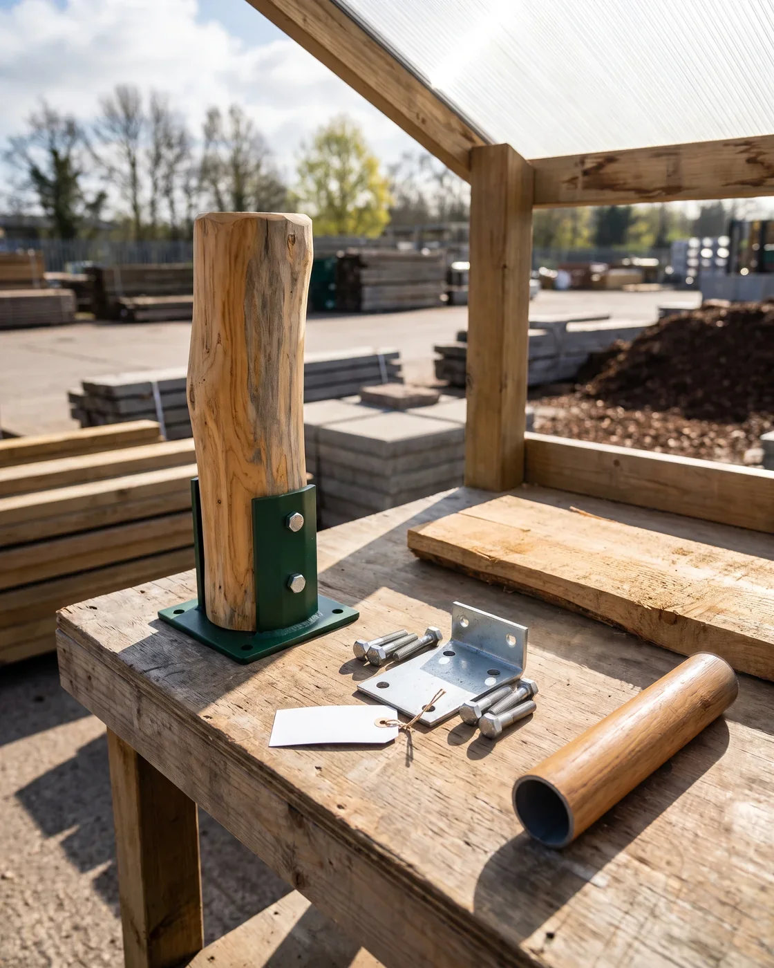 A sample bench: a Robinia post end in a steel shoe with capped through-bolts, a larch offcut, a timber-look steel tube and a part tag