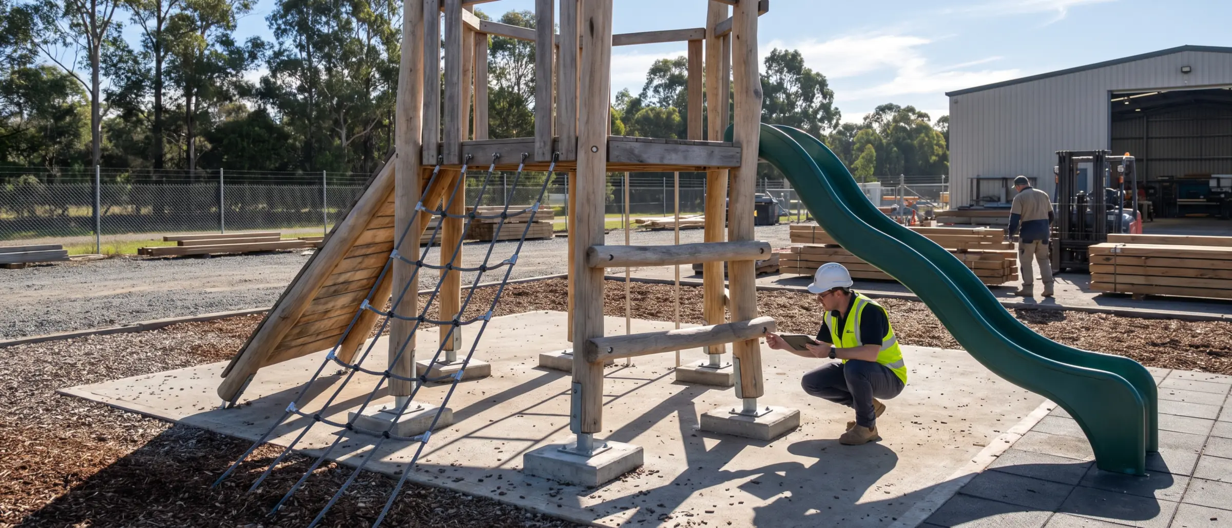 A Robinia tower with its slide and rope net trial-fitted in the pre-assembly yard, a QC inspector checking a connection