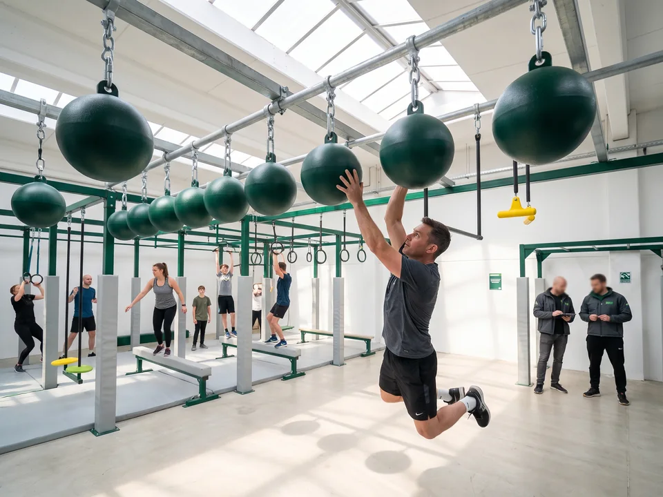Cannonball alley: an adult changing hands between hanging balls