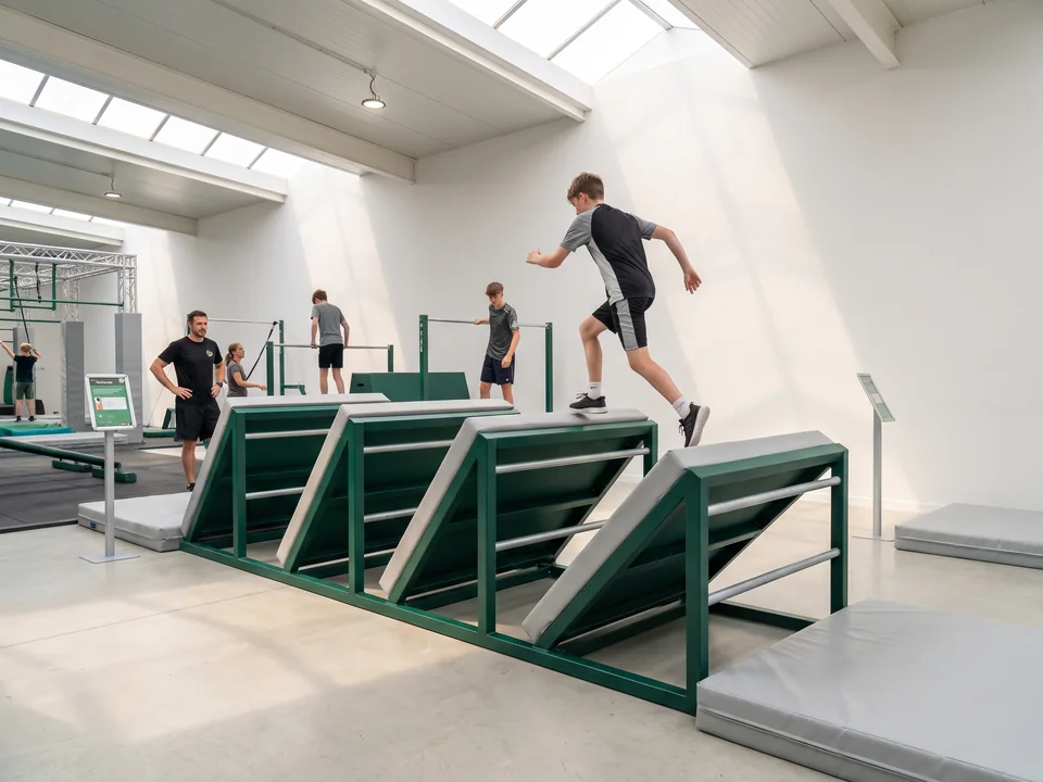 Quintuple steps: a row of angled step pads with a teenager running across