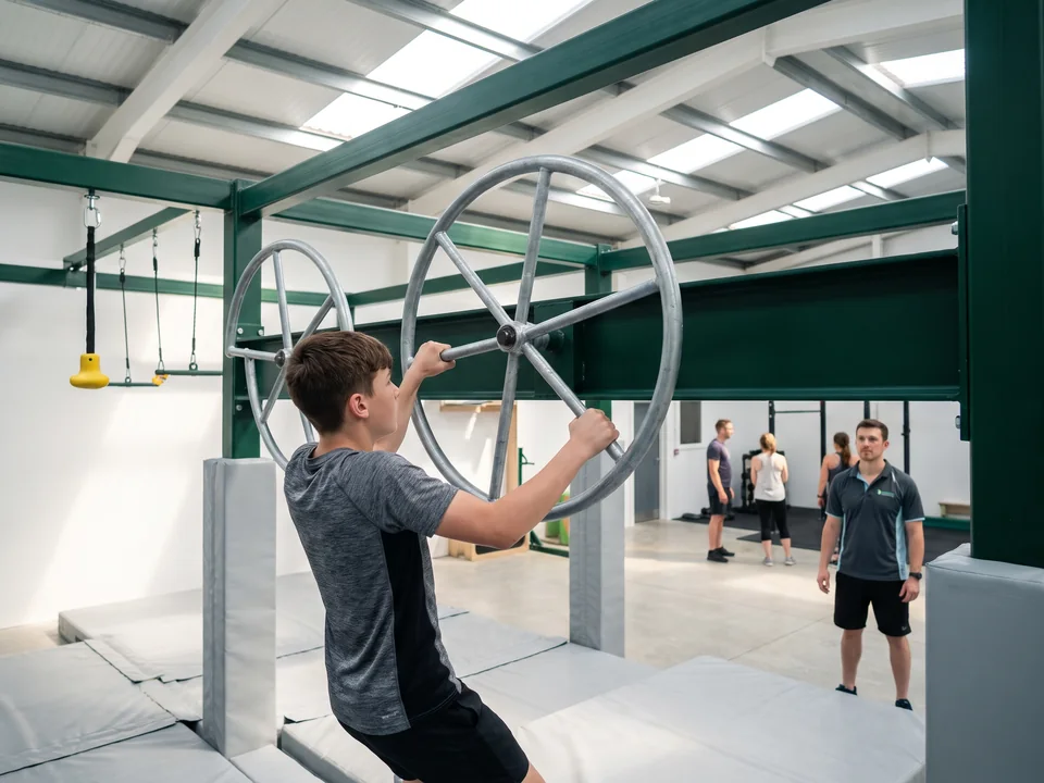 A teenager holding a spinning wheel hung from a wheel mount on the rig
