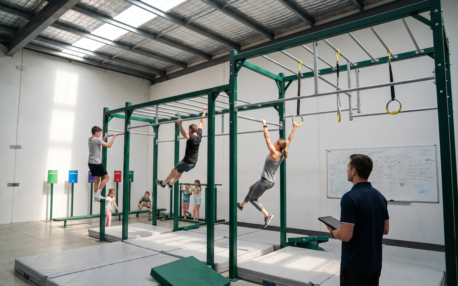 A ninja gym: members training on the course while a coach watches with a tablet