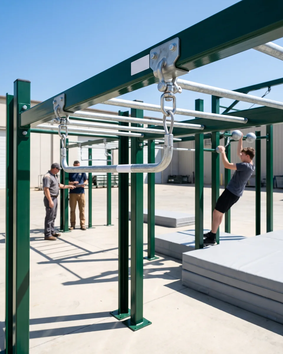 Monkey bars hung on their own hang point at trial assembly, labels on the hang point and the bars