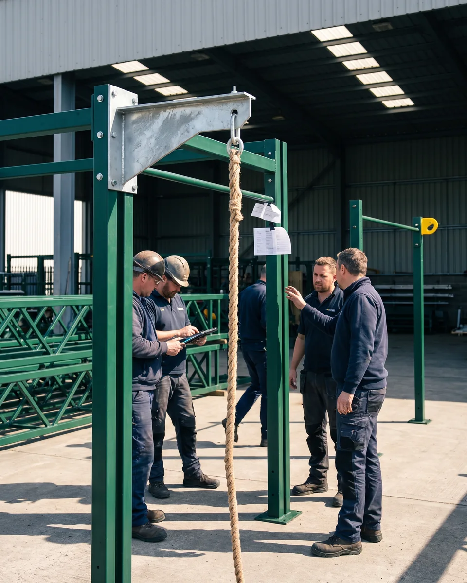A climbing rope hung on its hang point at trial assembly with its label