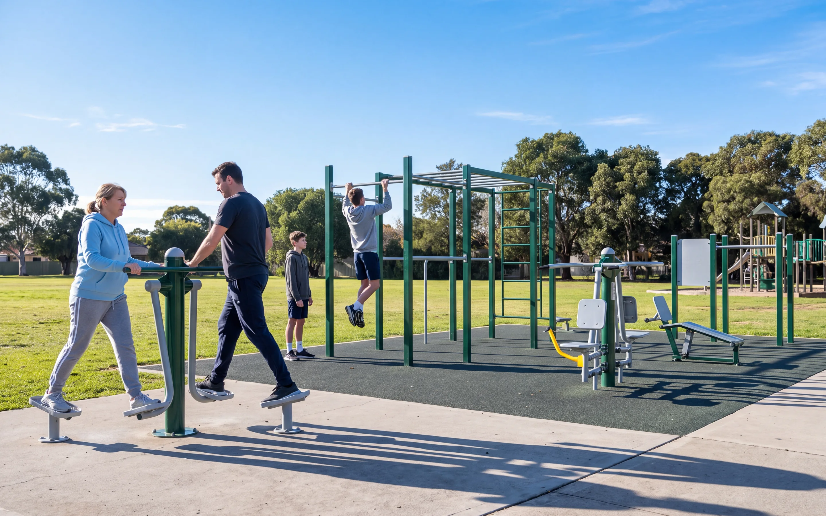 Two adults on an air walker and a teenager doing pull-ups on a calisthenics rig in a park fitness zone in morning light