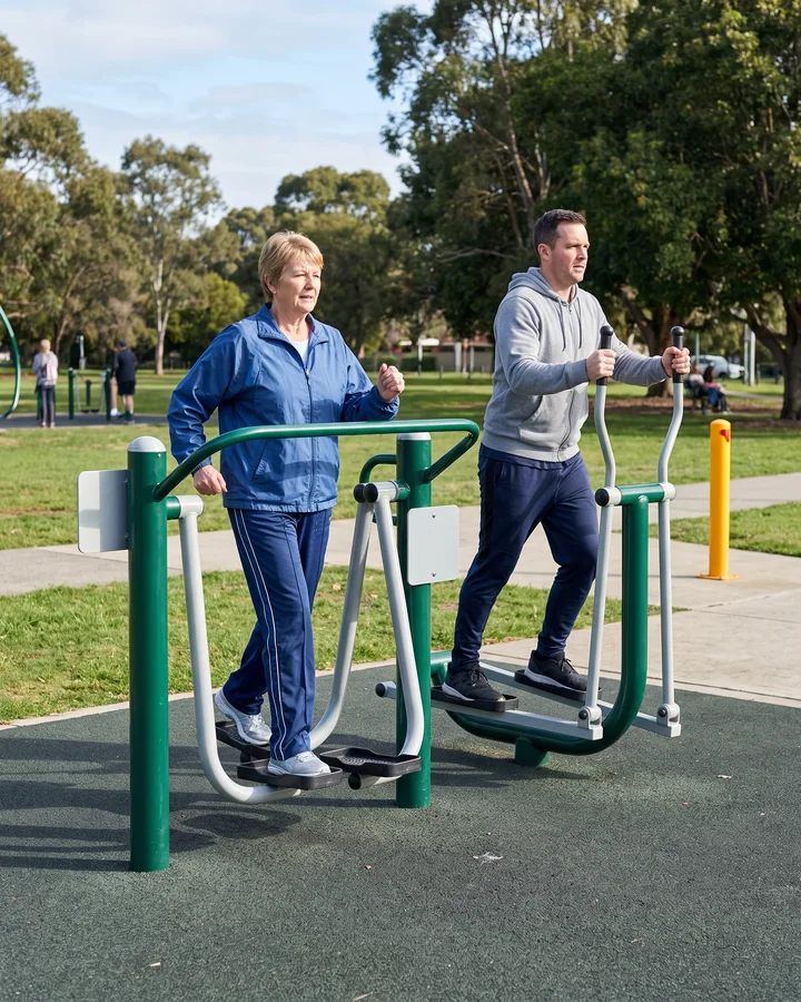 Two adults striding on an air walker and an elliptical trainer in a park