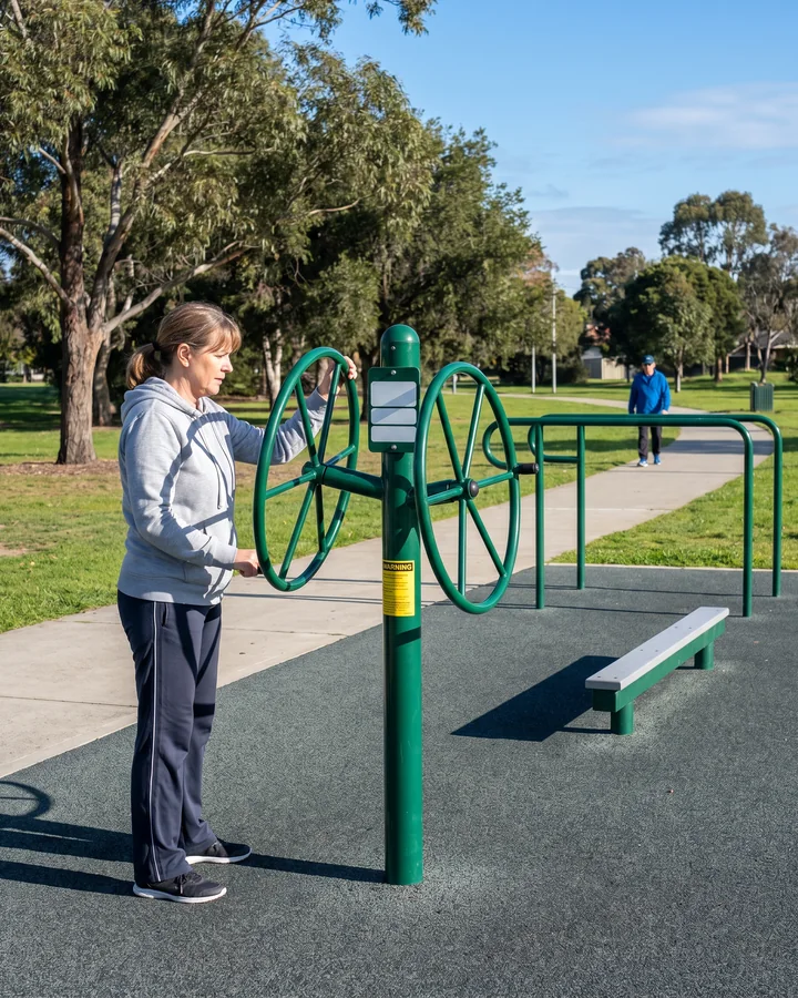 A woman turning the hand wheels of a tai chi wheel station