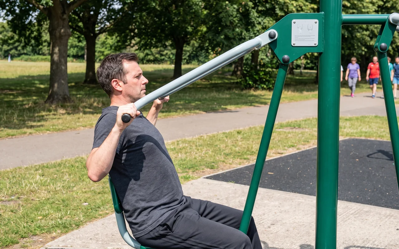 A man pulling the handles of an outdoor lat pull-down