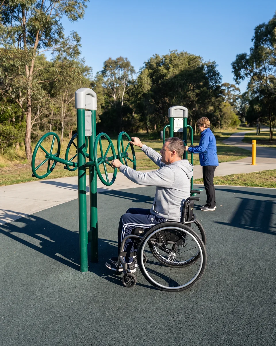 An adult wheelchair user turning the hand wheels of an upper-body station beside a friend