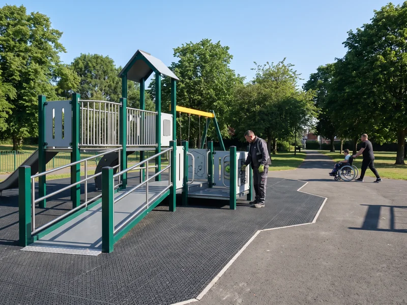 A solid ramp and a transfer platform leading to an upper deck, with ground-level play panels