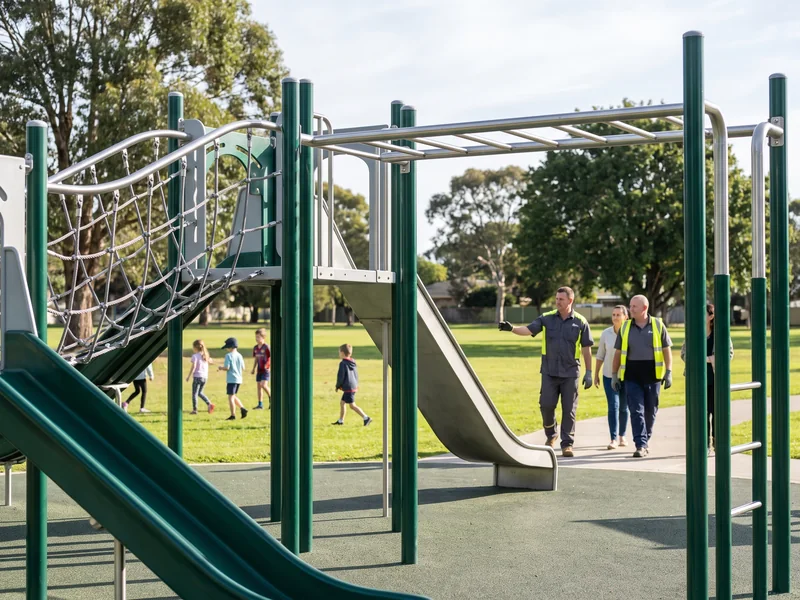 A 5 to 12 play structure with a rope net, climbers and a taller slide from a mid-height deck