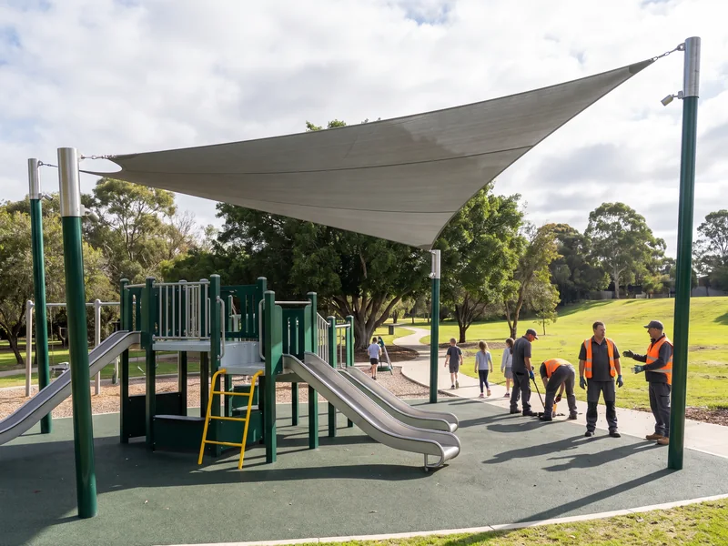 A shade sail on its own posts over a play structure in a park