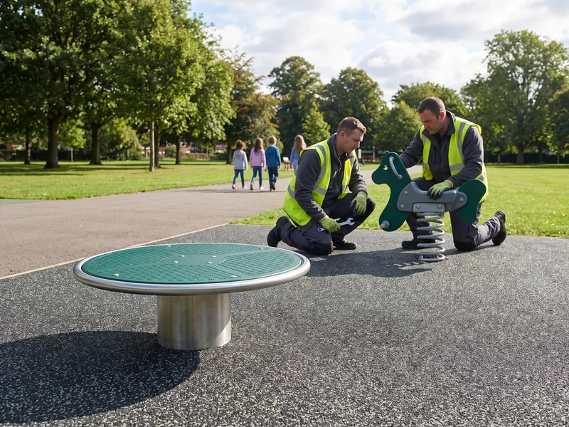 A sealed-bearing spinner and a rotomolded spring rider on park surfacing