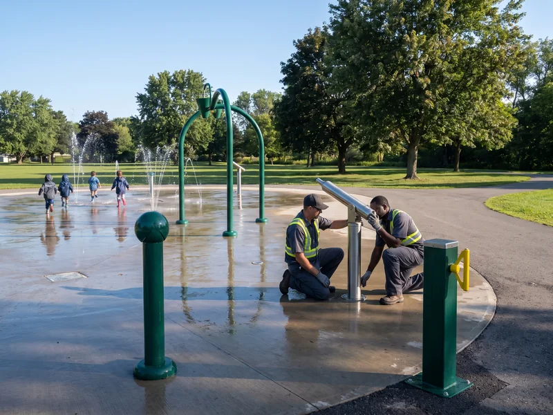 Splash pad spray features in a park on a sunny morning