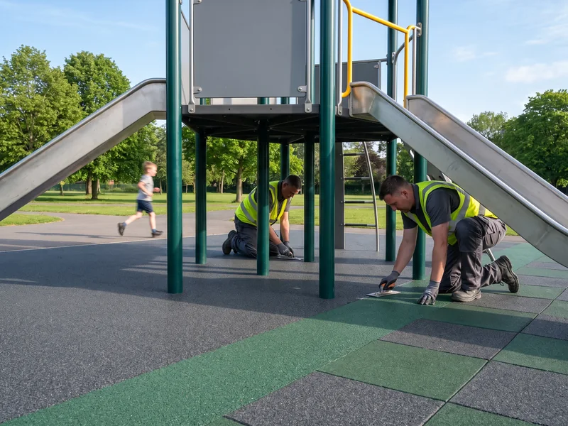 Poured-in-place rubber surfacing and rubber tiles laid around play equipment