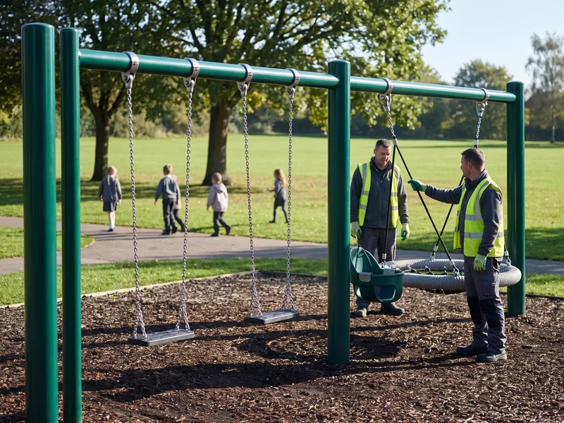 A park swing frame with a nest swing beside belt and toddler bucket seats