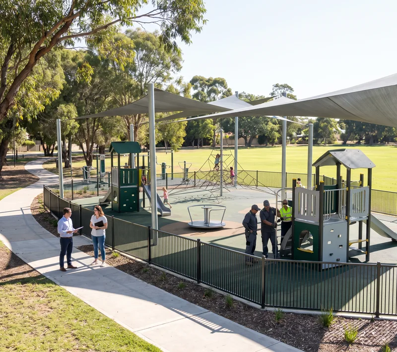 A community park with separate structures and spinners between zones and a fitness area beyond