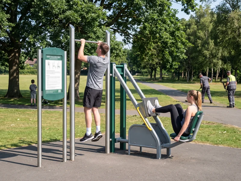 Teenagers using outdoor fitness stations with an instruction sign beside them