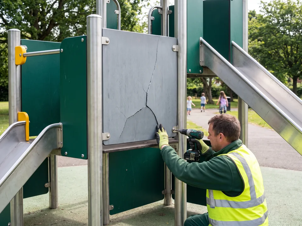 A crew member unbolting a damaged HDPE panel while the posts stay in place