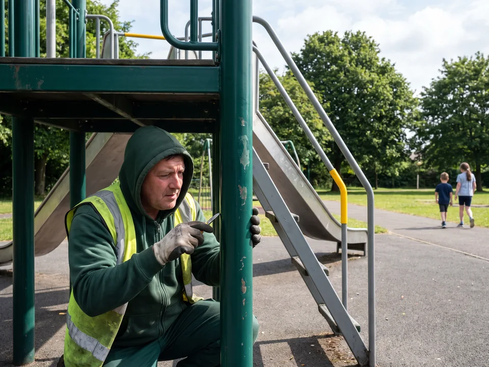 A crew member checking the coating of a long-used park play structure