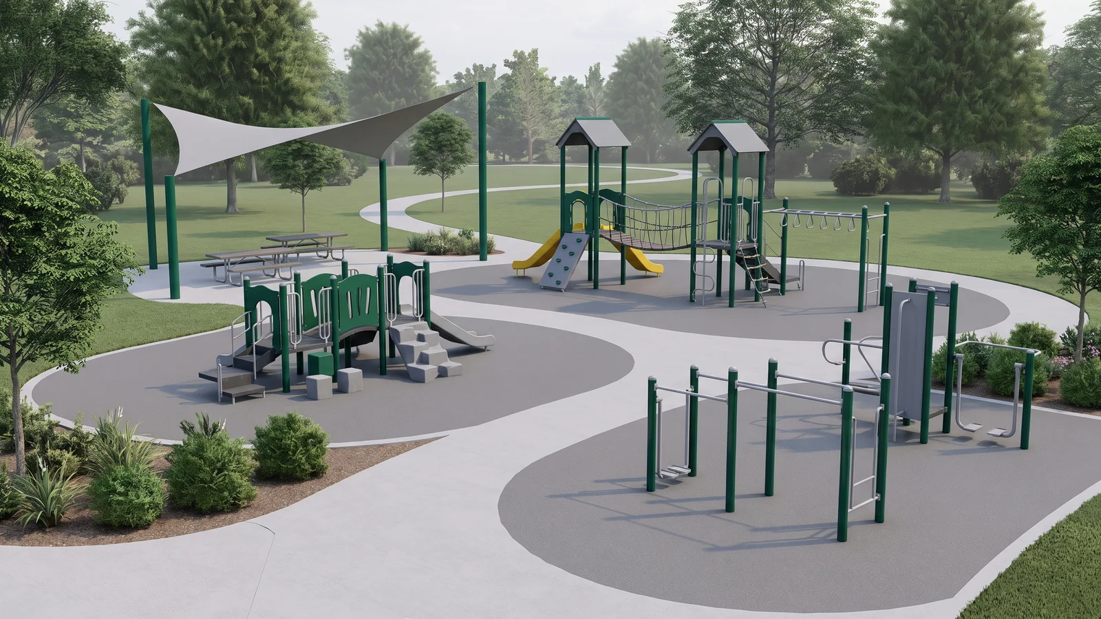 An eye-level render of a proposed park playground checked by a parks department