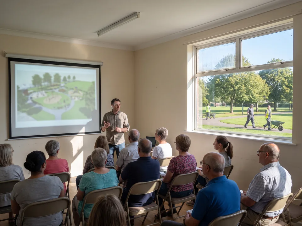 A public meeting in a community hall with residents looking at a playground render on a screen